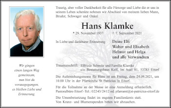 Anzeige von Hans Klamke von Kölner Stadt-Anzeiger / Kölnische Rundschau / Express