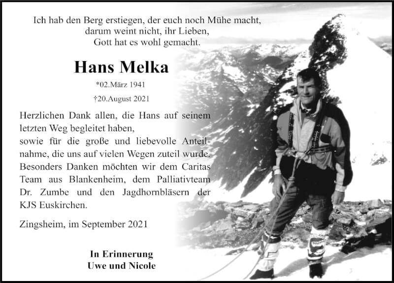  Traueranzeige für Hans Melka vom 25.09.2021 aus  Blickpunkt Euskirchen 