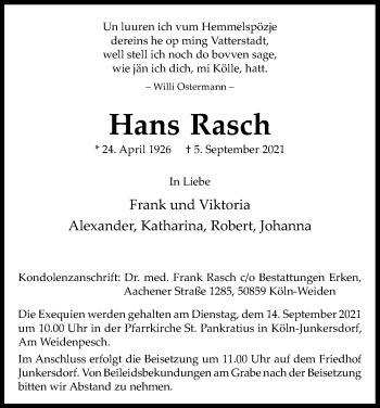 Anzeige von Hans Rasch von Kölner Stadt-Anzeiger / Kölnische Rundschau / Express