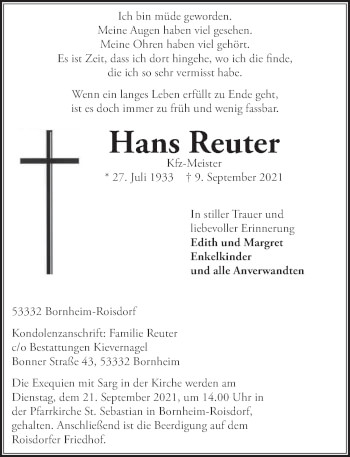 Anzeige von Hans Reuter von  Schaufenster/Blickpunkt 