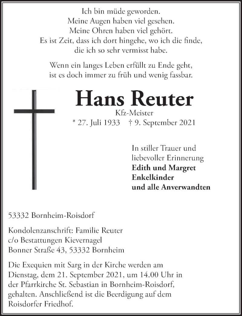  Traueranzeige für Hans Reuter vom 17.09.2021 aus  Schaufenster/Blickpunkt 