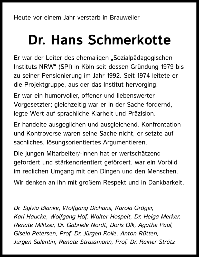  Traueranzeige für Hans Schmerkotte vom 02.09.2021 aus Kölner Stadt-Anzeiger / Kölnische Rundschau / Express