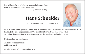 Anzeige von Hans Schneider von Kölner Stadt-Anzeiger / Kölnische Rundschau / Express