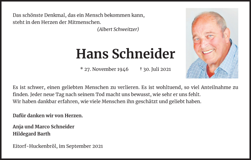  Traueranzeige für Hans Schneider vom 04.09.2021 aus Kölner Stadt-Anzeiger / Kölnische Rundschau / Express