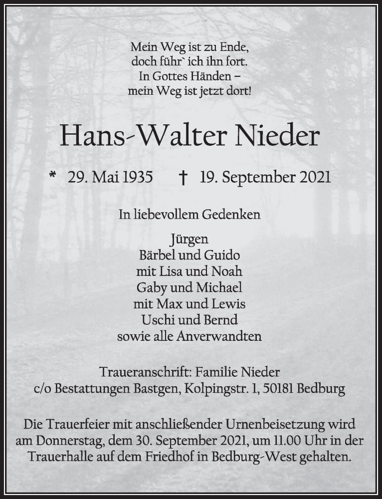  Traueranzeige für Hans-Walter Nieder vom 24.09.2021 aus  Werbepost 