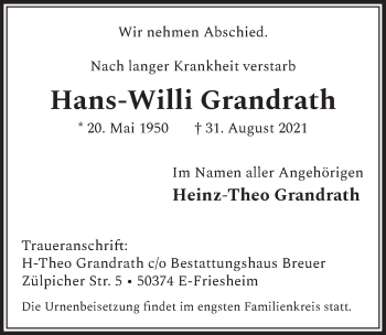 Anzeige von Hans-Willi Grandrath von  Werbepost 