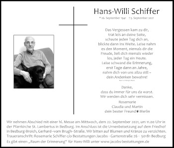 Anzeige von Hans-Willi Schiffer von Kölner Stadt-Anzeiger / Kölnische Rundschau / Express