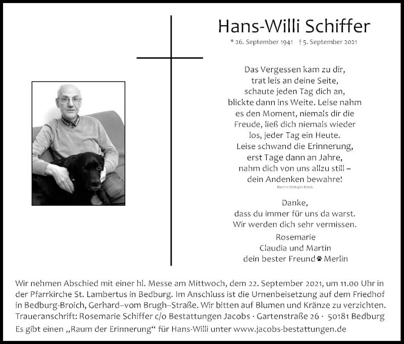  Traueranzeige für Hans-Willi Schiffer vom 18.09.2021 aus Kölner Stadt-Anzeiger / Kölnische Rundschau / Express