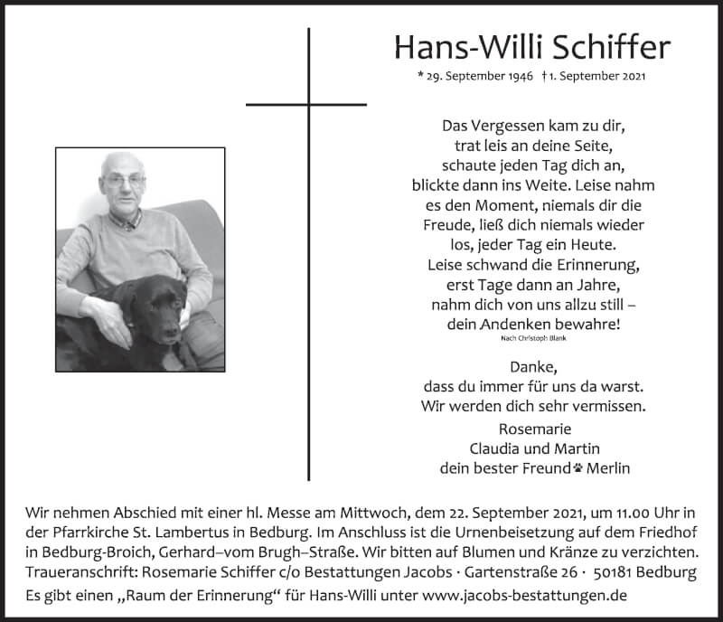  Traueranzeige für Hans-Willi Schiffer vom 17.09.2021 aus  Werbepost 