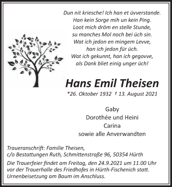 Anzeige von Hans Emil Theisen von  Wochenende 