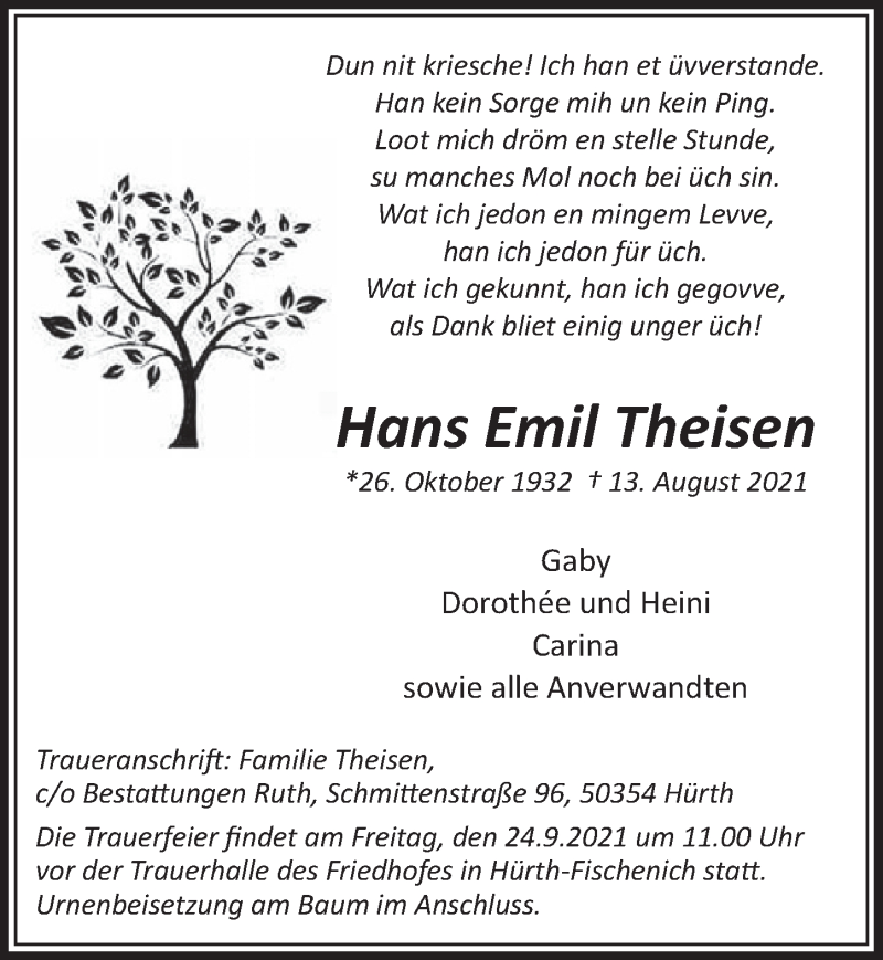  Traueranzeige für Hans Emil Theisen vom 10.09.2021 aus  Wochenende 