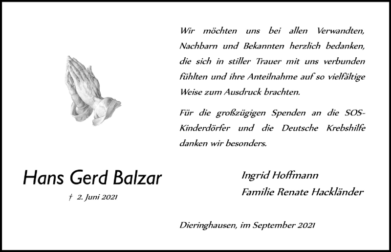  Traueranzeige für Hans Gerd Balzar vom 03.09.2021 aus  Anzeigen Echo 