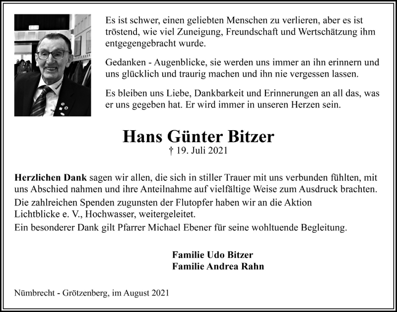  Traueranzeige für Hans Günter Bitzer vom 03.09.2021 aus  Lokalanzeiger 