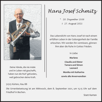 Anzeige von Hans Josef Schmitz von Kölner Stadt-Anzeiger / Kölnische Rundschau / Express