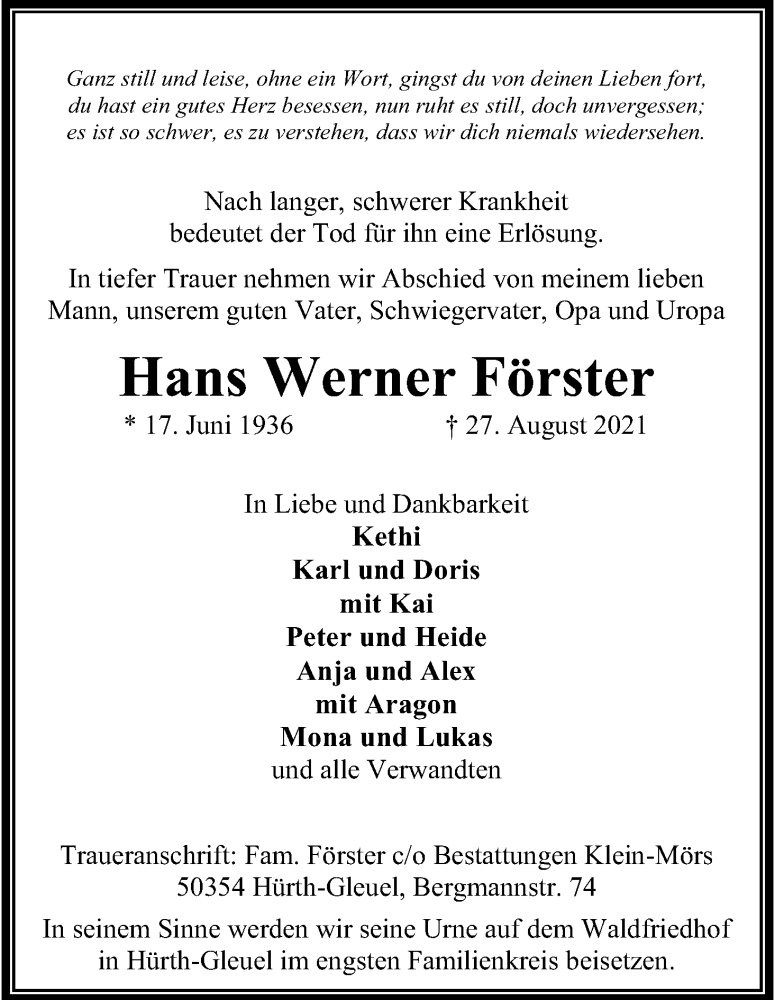  Traueranzeige für Hans Werner Förster vom 04.09.2021 aus Kölner Stadt-Anzeiger / Kölnische Rundschau / Express