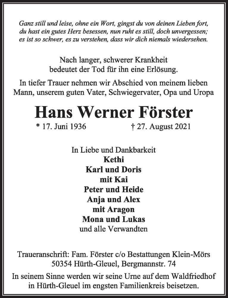  Traueranzeige für Hans Werner Förster vom 03.09.2021 aus  Wochenende 