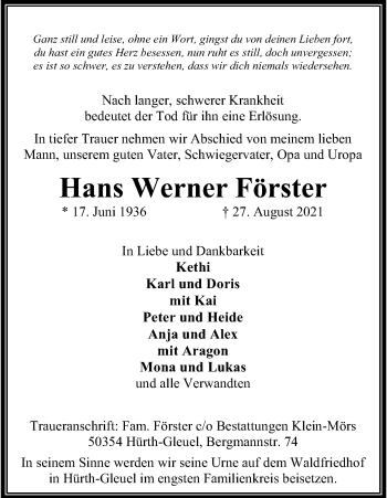 Anzeige von Hans Werner Förster von Kölner Stadt-Anzeiger / Kölnische Rundschau / Express