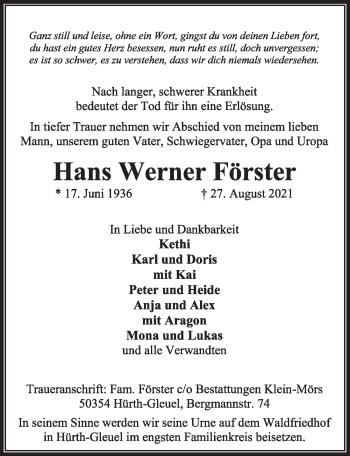 Anzeige von Hans Werner Förster von  Wochenende 