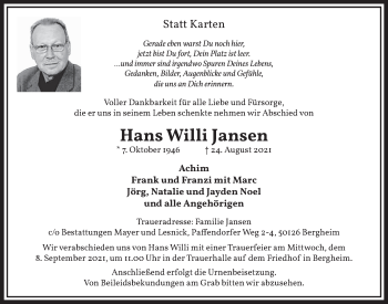 Anzeige von Hans Willi Jansen von  Werbepost 