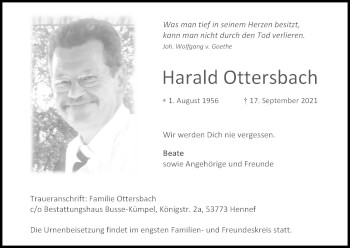 Anzeige von Harald Ottersbach von Kölner Stadt-Anzeiger / Kölnische Rundschau / Express