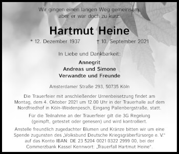 Anzeige von Hartmut Heine von Kölner Stadt-Anzeiger / Kölnische Rundschau / Express