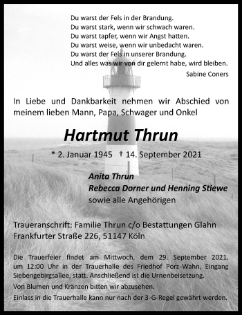 Anzeige von Hartmut Thrun von  Kölner Wochenspiegel 