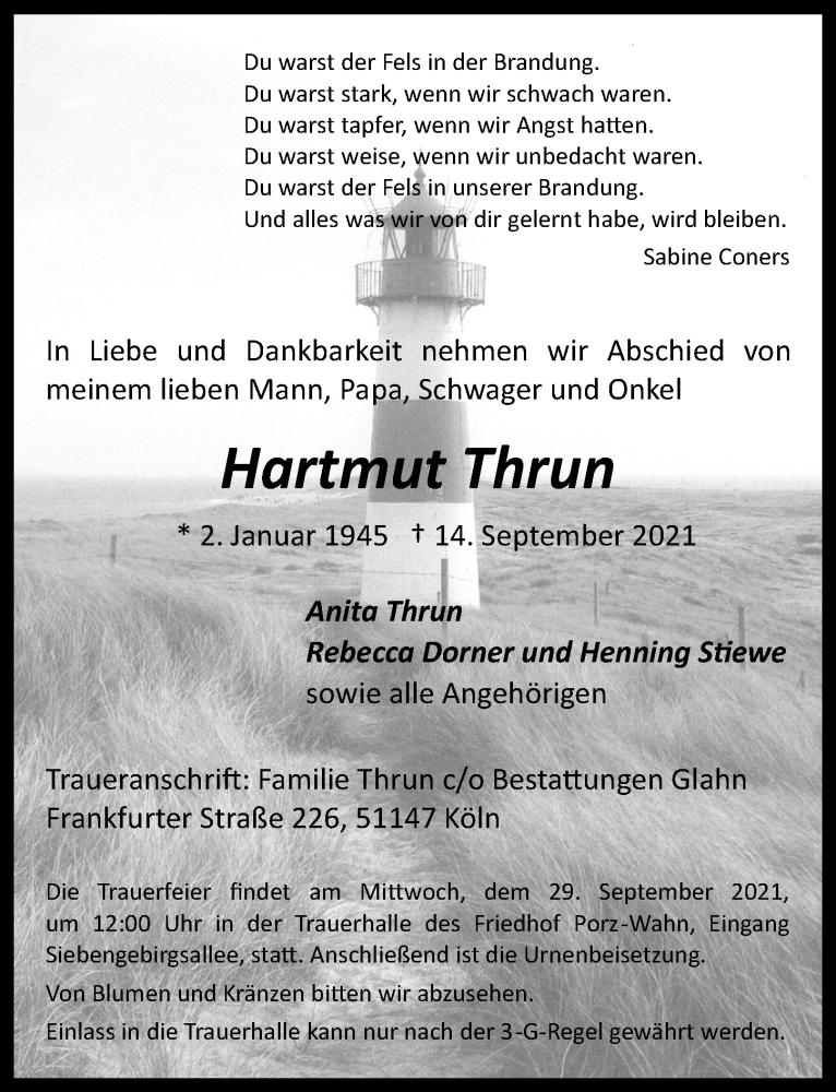  Traueranzeige für Hartmut Thrun vom 24.09.2021 aus  Kölner Wochenspiegel 