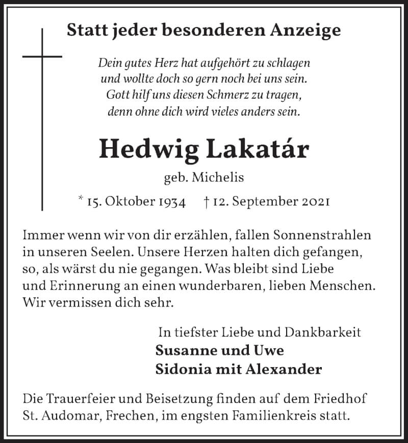  Traueranzeige für Hedwig Lakatár vom 17.09.2021 aus  Wochenende 