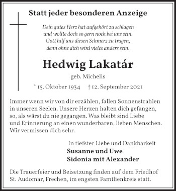 Anzeige von Hedwig Lakatár von  Wochenende 