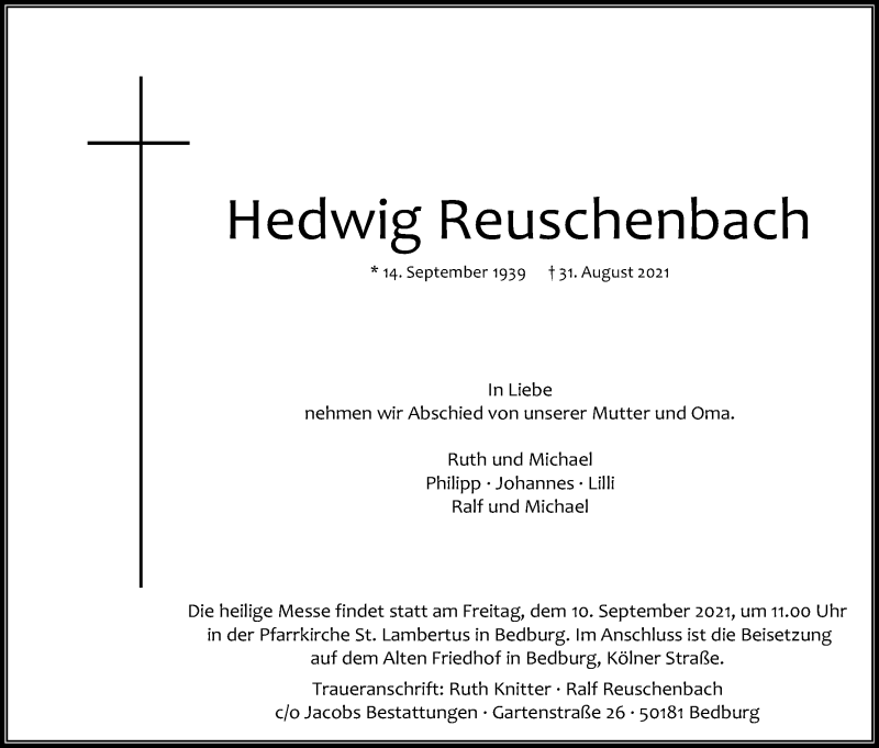  Traueranzeige für Hedwig Reuschenbach vom 04.09.2021 aus Kölner Stadt-Anzeiger / Kölnische Rundschau / Express