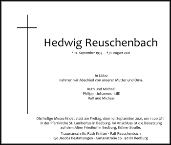 Anzeige von Hedwig Reuschenbach von Kölner Stadt-Anzeiger / Kölnische Rundschau / Express