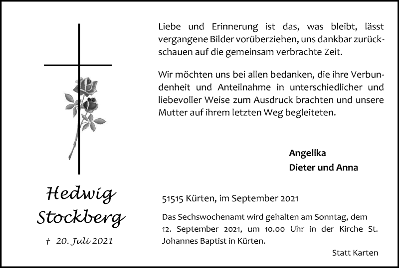  Traueranzeige für Hedwig Stockberg vom 04.09.2021 aus Kölner Stadt-Anzeiger / Kölnische Rundschau / Express