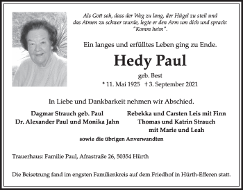 Anzeige von Hedy Paul von  Wochenende 