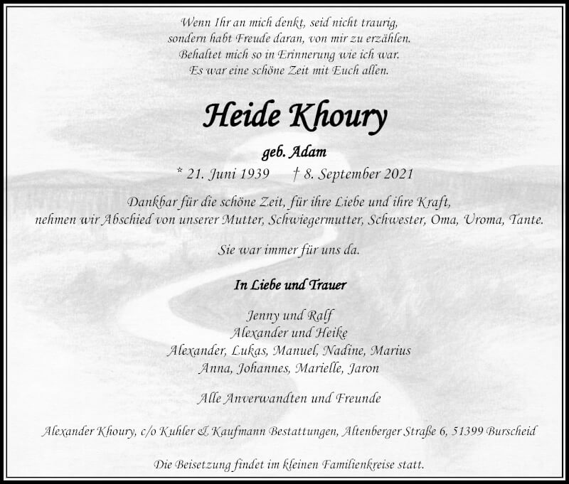  Traueranzeige für Heide Khoury vom 18.09.2021 aus Kölner Stadt-Anzeiger / Kölnische Rundschau / Express