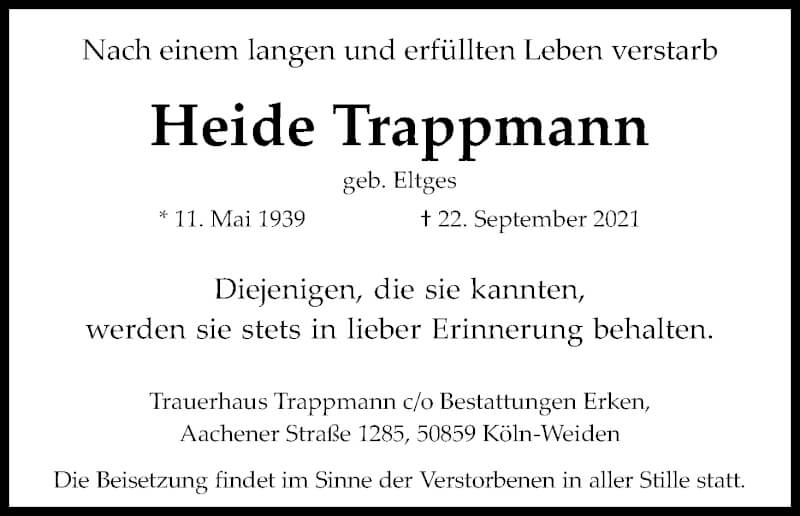  Traueranzeige für Heide Trappmann vom 25.09.2021 aus Kölner Stadt-Anzeiger / Kölnische Rundschau / Express