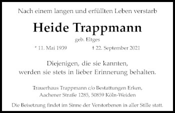 Anzeige von Heide Trappmann von Kölner Stadt-Anzeiger / Kölnische Rundschau / Express