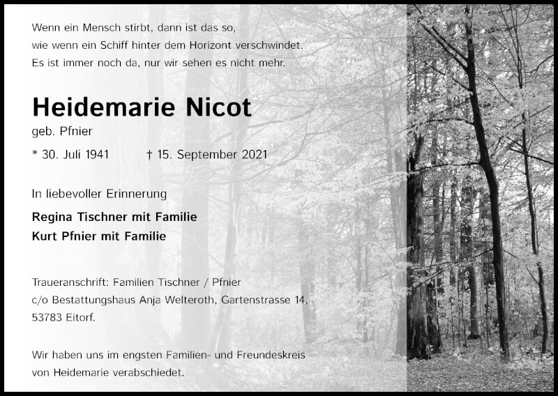  Traueranzeige für Heidemarie Nicot vom 18.09.2021 aus Kölner Stadt-Anzeiger / Kölnische Rundschau / Express