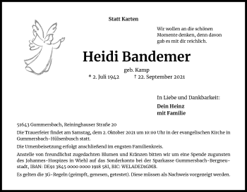 Anzeige von Heidi Bandemer von Kölner Stadt-Anzeiger / Kölnische Rundschau / Express