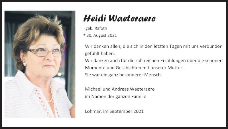  Traueranzeige für Heidi Waeteraere vom 25.09.2021 aus Kölner Stadt-Anzeiger / Kölnische Rundschau / Express