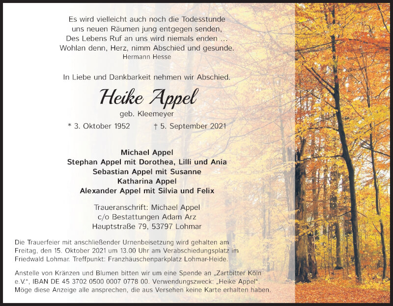  Traueranzeige für Heike Appel vom 18.09.2021 aus Kölner Stadt-Anzeiger / Kölnische Rundschau / Express