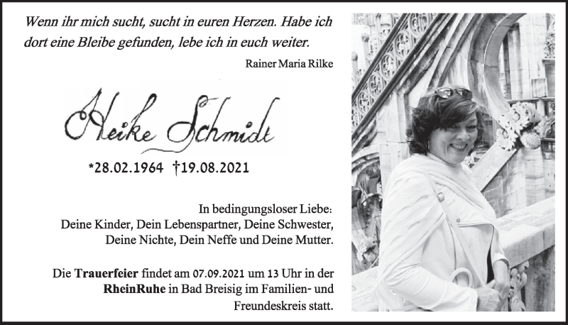  Traueranzeige für Heike Schmidt vom 03.09.2021 aus  Wochenende 