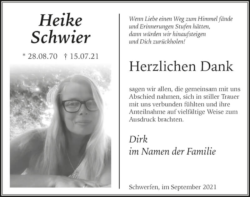  Traueranzeige für Heike Schwier vom 18.09.2021 aus  Blickpunkt Euskirchen 