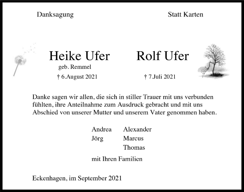  Traueranzeige für Heike Ufer vom 10.09.2021 aus  Anzeigen Echo 