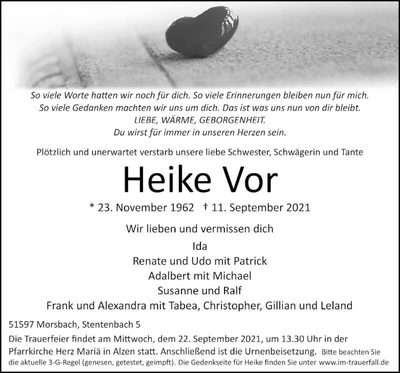  Traueranzeige für Heike Vor vom 17.09.2021 aus  Lokalanzeiger 