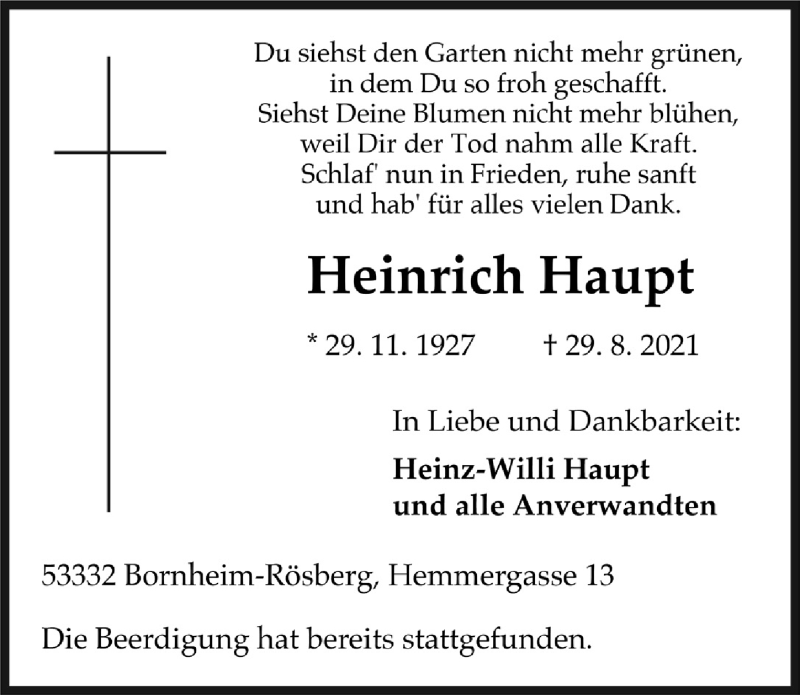  Traueranzeige für Heinrich Haupt vom 03.09.2021 aus  Schaufenster/Blickpunkt 