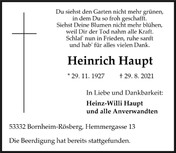 Anzeige von Heinrich Haupt von  Schaufenster/Blickpunkt 