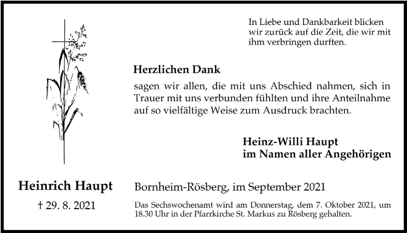  Traueranzeige für Heinrich Haupt vom 24.09.2021 aus  Schaufenster/Blickpunkt 