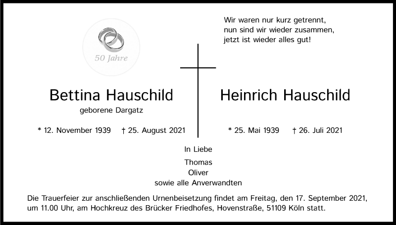  Traueranzeige für Heinrich Hauschild vom 11.09.2021 aus Kölner Stadt-Anzeiger / Kölnische Rundschau / Express