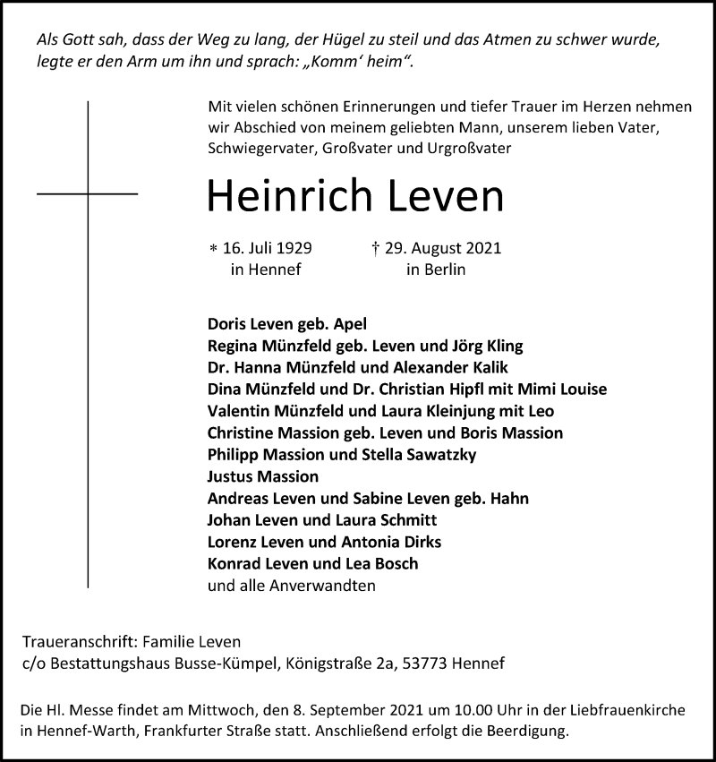  Traueranzeige für Heinrich Leven vom 04.09.2021 aus Kölner Stadt-Anzeiger / Kölnische Rundschau / Express