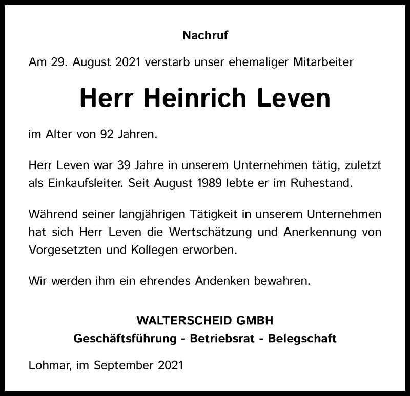  Traueranzeige für Heinrich Leven vom 09.09.2021 aus Kölner Stadt-Anzeiger / Kölnische Rundschau / Express